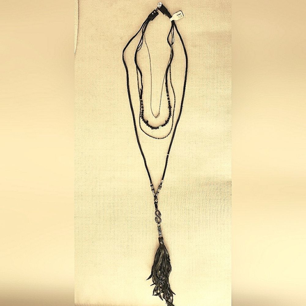 Johnny Was Layered Leather Chain Beads Tassle Long Necklace. New With Tags. Os